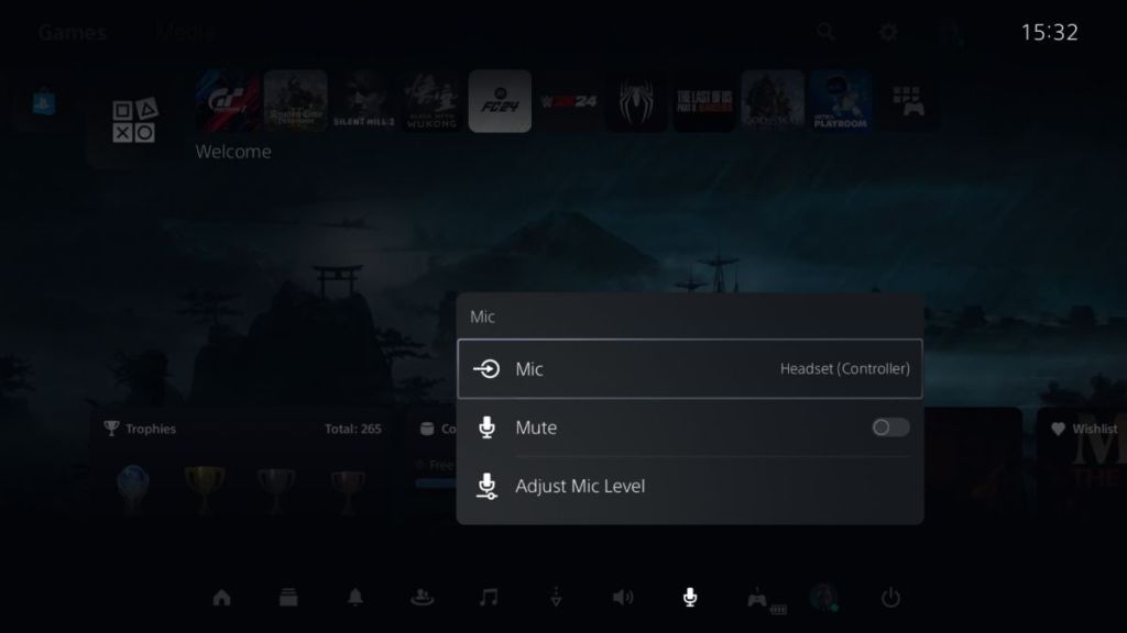 Mic menu on the PS5