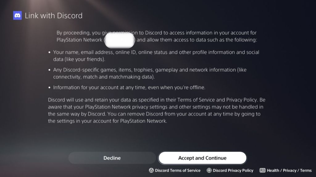 Link with Discord Page on PS5