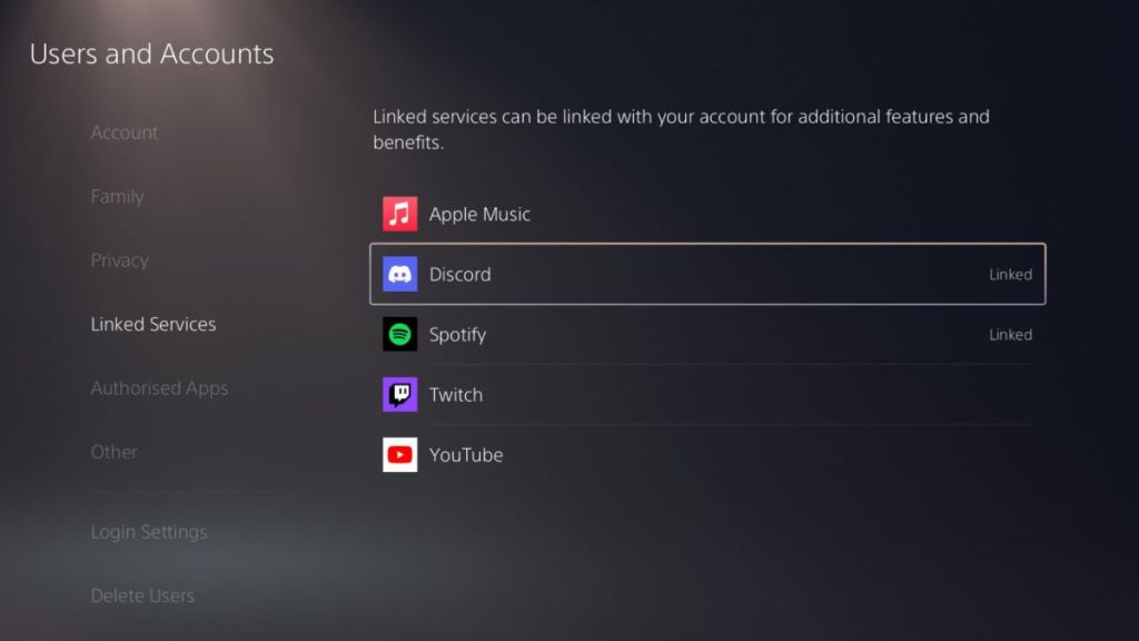 Linked Services PS5 Page