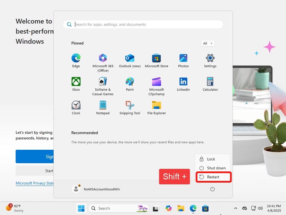 Windows start menu with restart option
