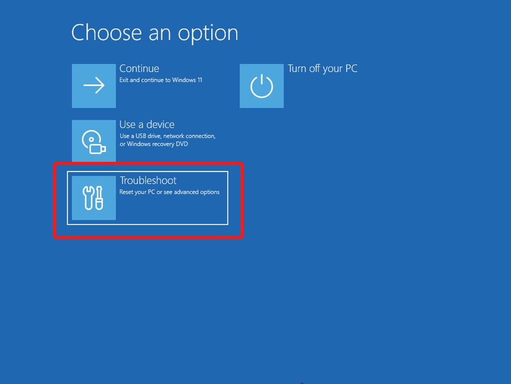 Windows troubleshoot blue meny with troubleshoot option