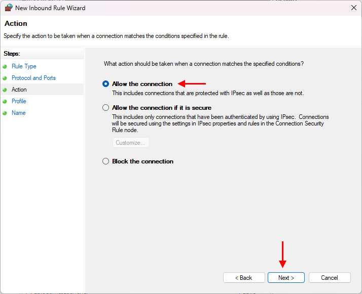 Windows Firewal Settings for Minecraft Select Action