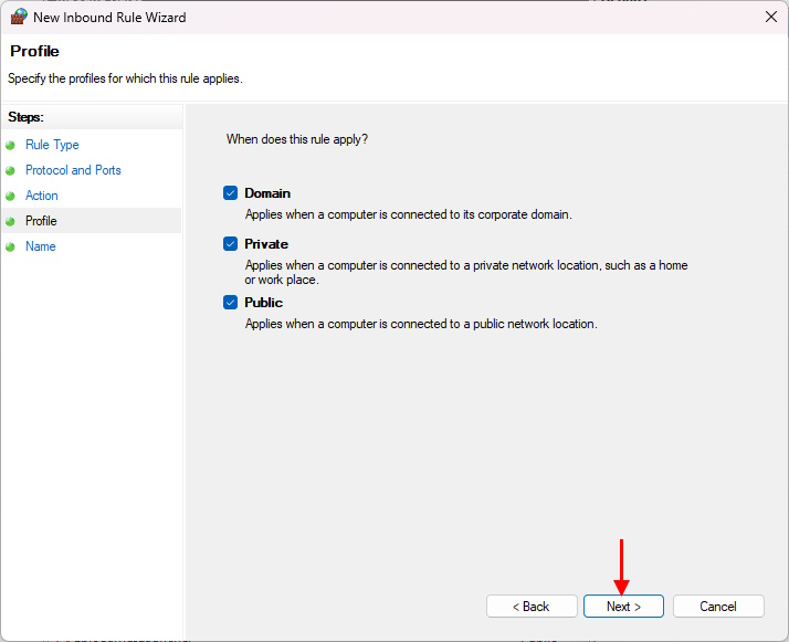 Windows Firewal Settings for Minecraft select all last step