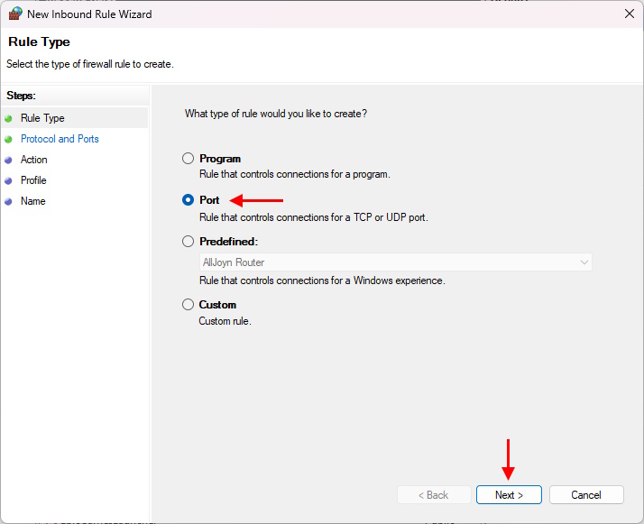 Windows Firewal Settings for Minecraft select port