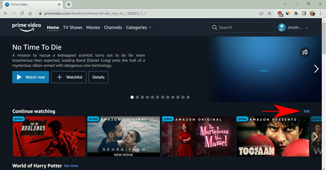 edit continue watching list on prime video website