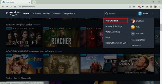 open watchlist on Amazon prime video