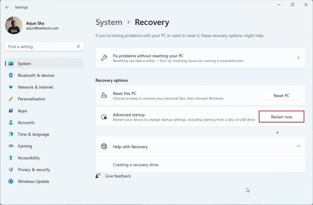 Enter the BIOS in Windows 11 From Settings