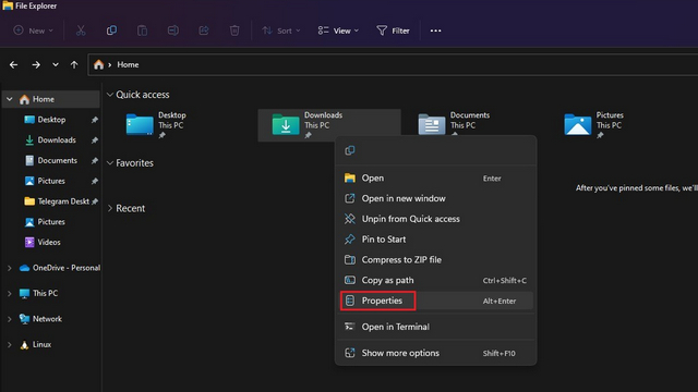 Right-click Downloads properties to change download location in Windows 11