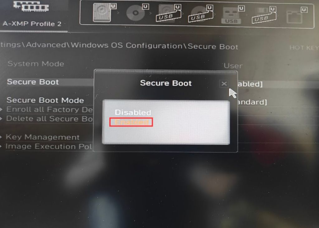 Enabling Secure Boot by clicking Enabled option