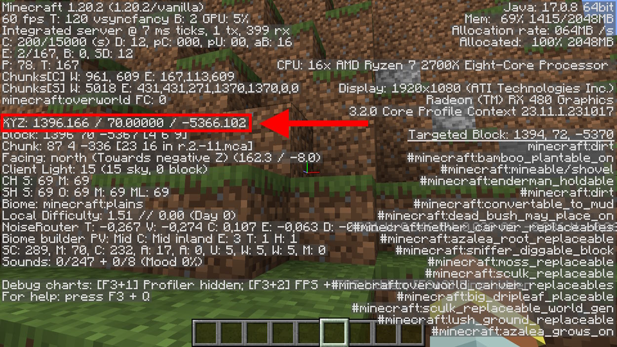 F3 debug screen showing data of the player's world with a focus on the coordinates