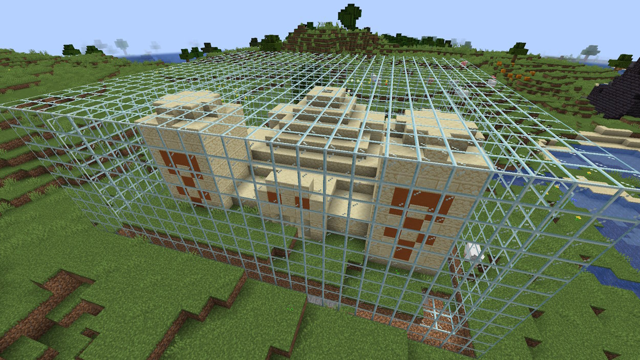 Box of glass surrounding a desert temple made using the fill outline command