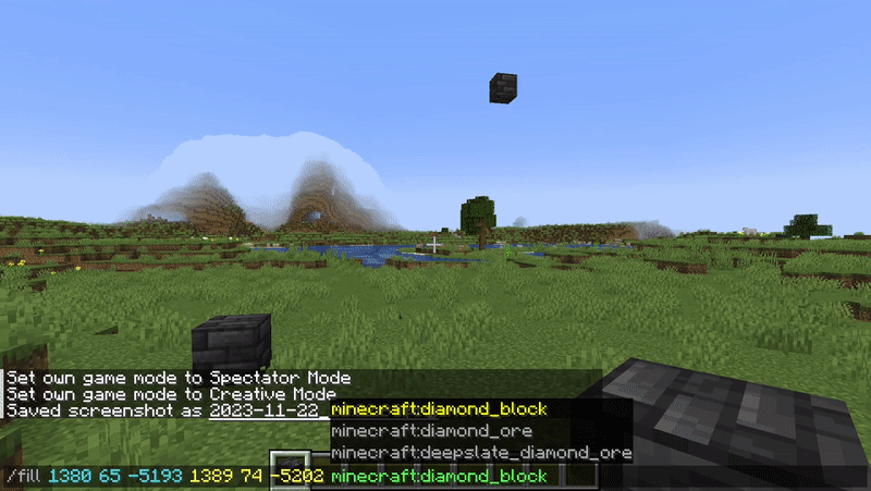 Creating a diamond block cube using the fil -command in Minecraft