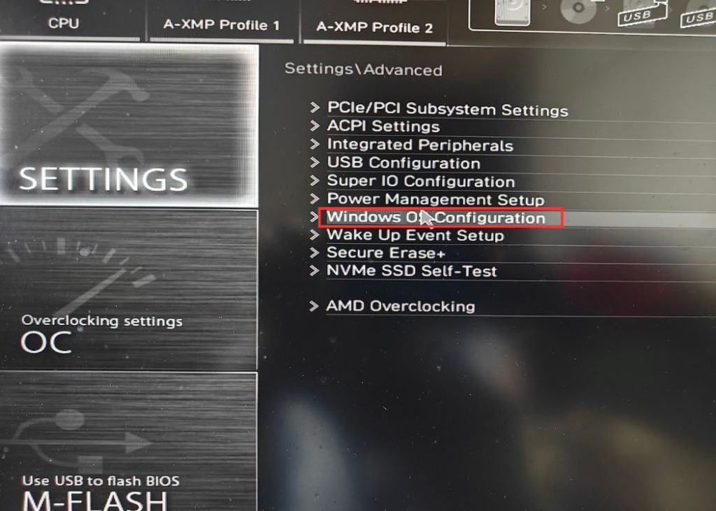 MSI BIOS with Settings and OS configuration option highlighted