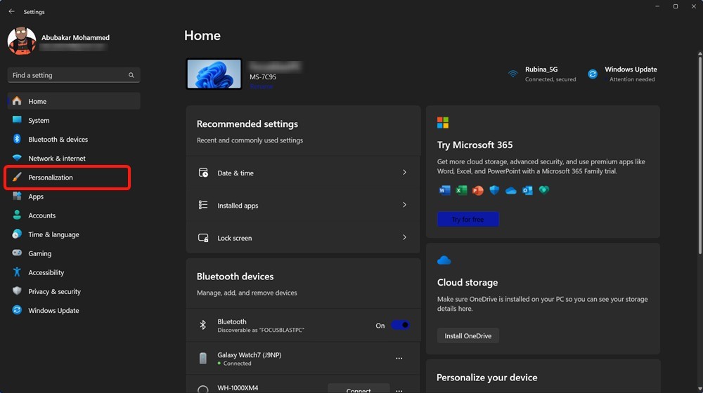Windows Settings personalization section highlghted