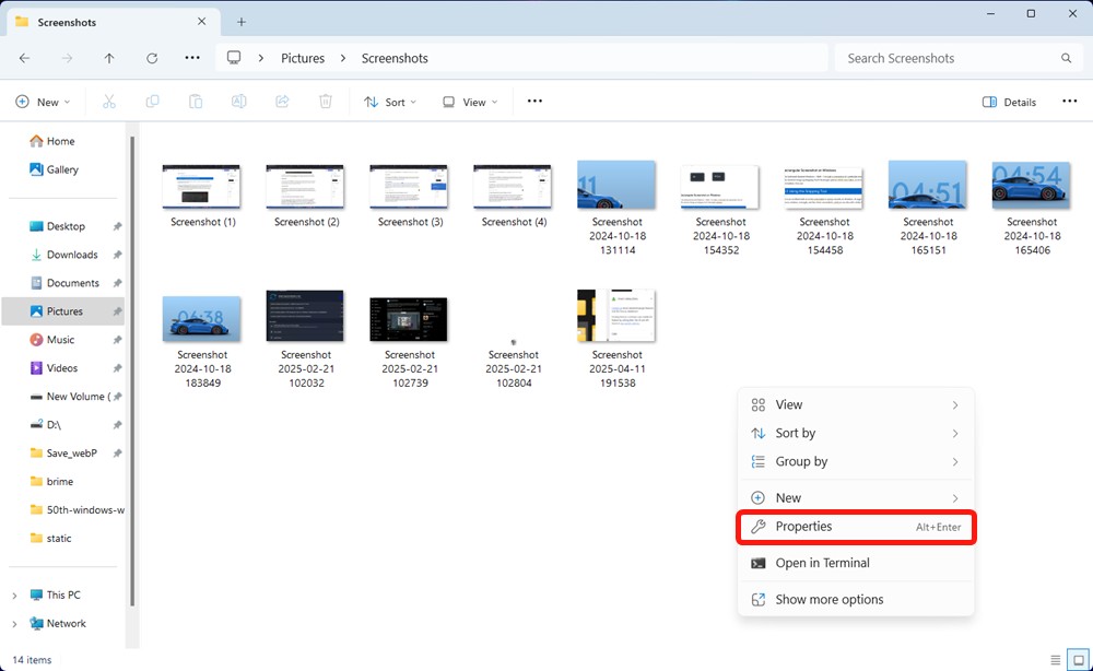Windows Files Screenshots folder properties