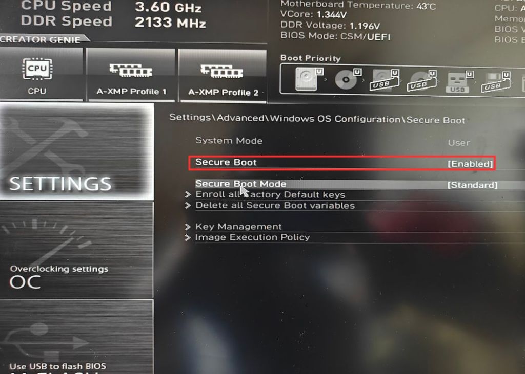 Secure Boot option in BIOS settings