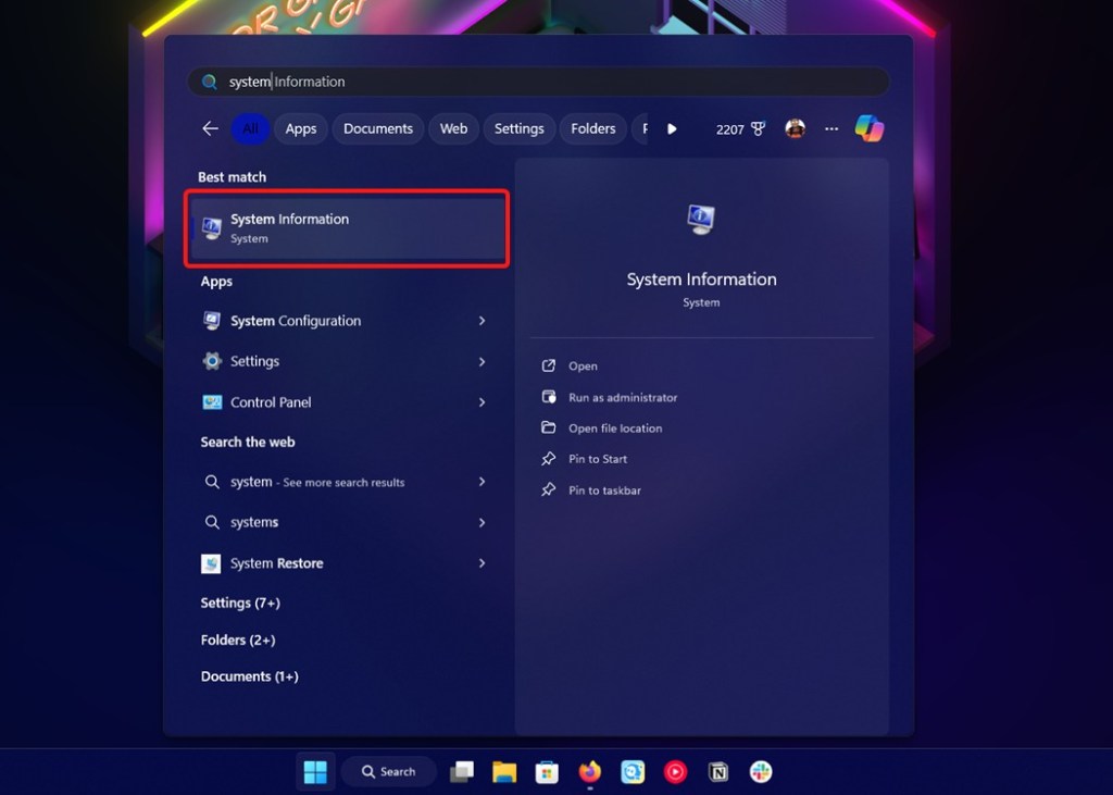 System Information icon in Start Menu search