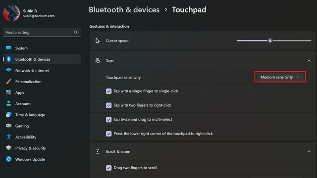 change touchpad sensitivity