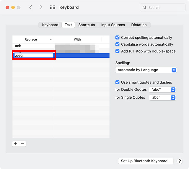 create new text replacement for typing degree symbol in mac