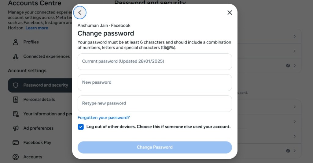 Change Facebook Password and Enter a New One