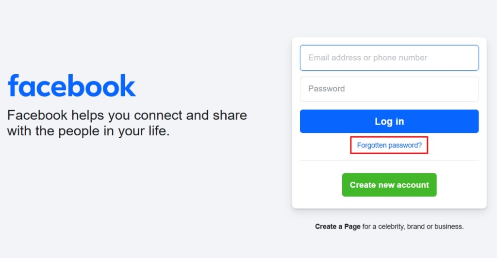 Click on Forgotten Password on Facebook login page