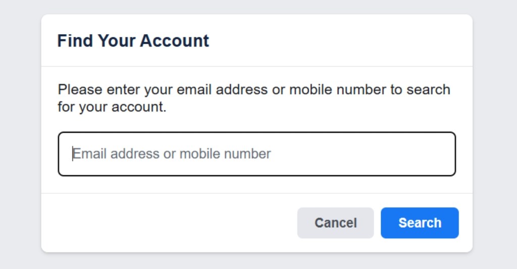 Enter mobile number and email address to reset Facebook password