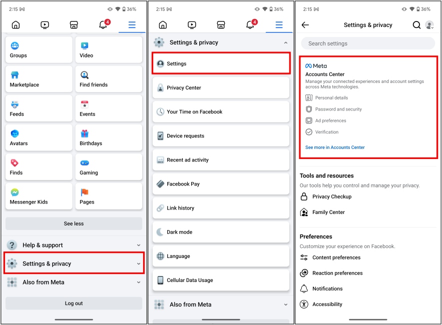 Go to Facebook Settings and Privacy then open Accounts Center