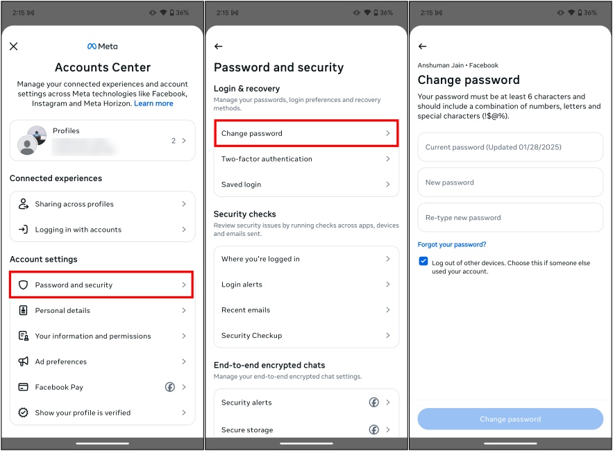 Open Password and Security to change Facebook password