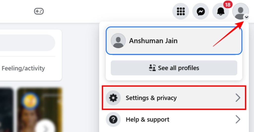 Open Settings and Privacy option in Facebook Web