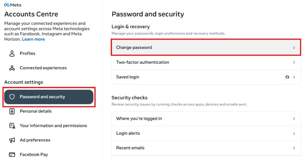 Pick change password option in Meta Center