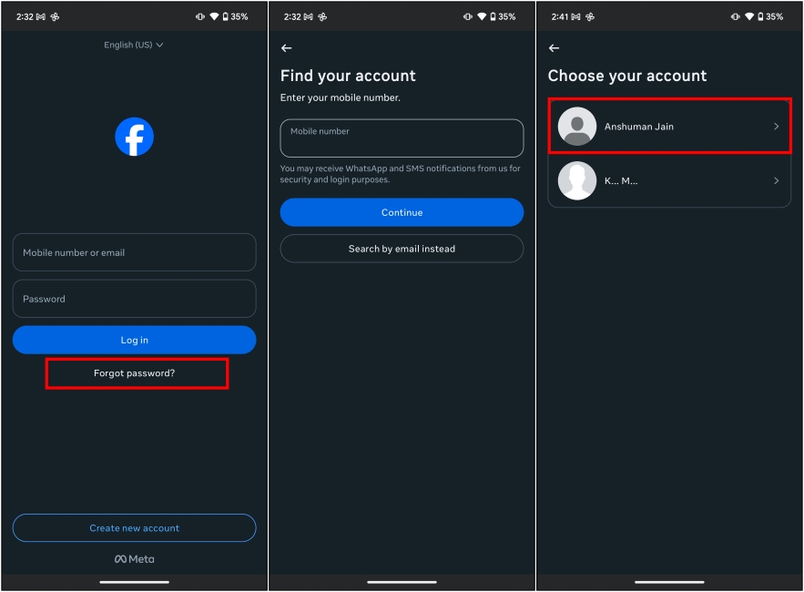 Reset Facebook Password on the mobile app