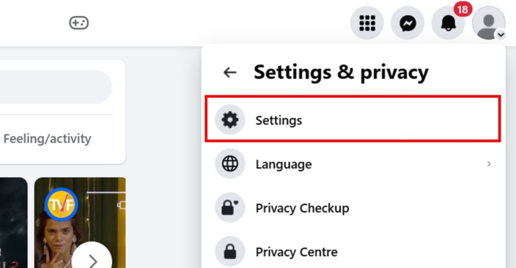 Select the Settings Option to open Facebook Settings