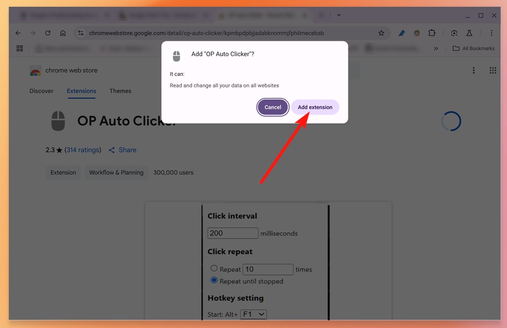 Adding Auto Clicker extension from Google Extensions page