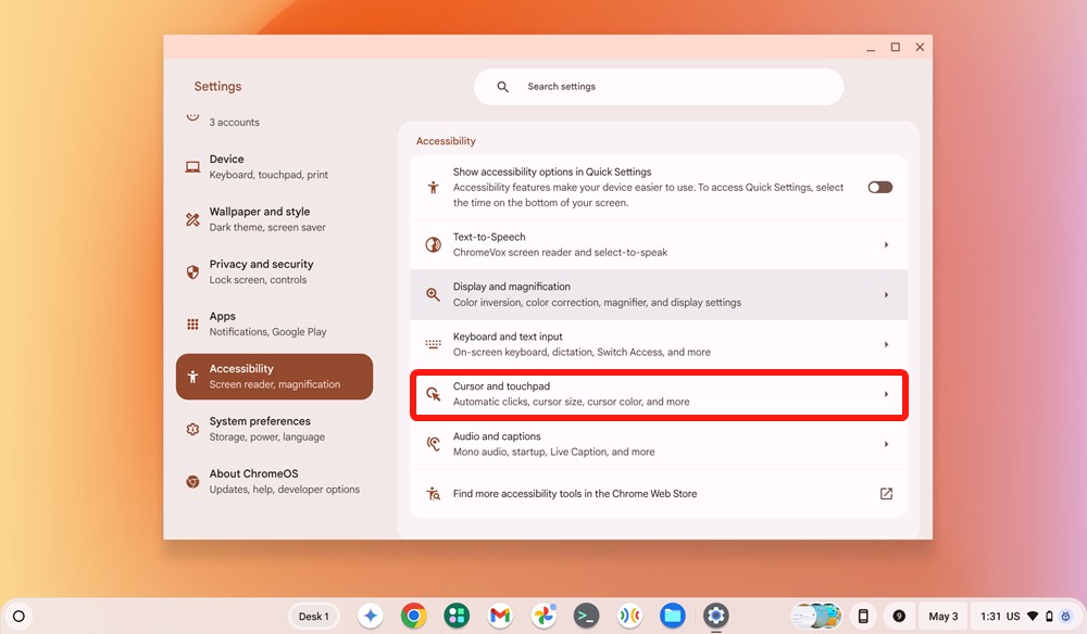 Cursor and touchpad option in ChromeOS settings