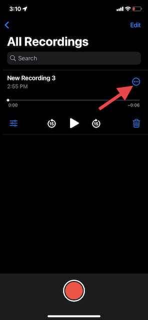 Three dot icon next to your voice memos