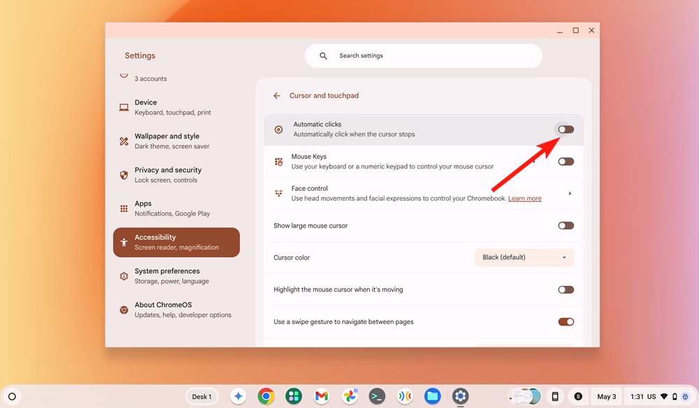 Automatic clicker option highlighted in ChromeOS Settings