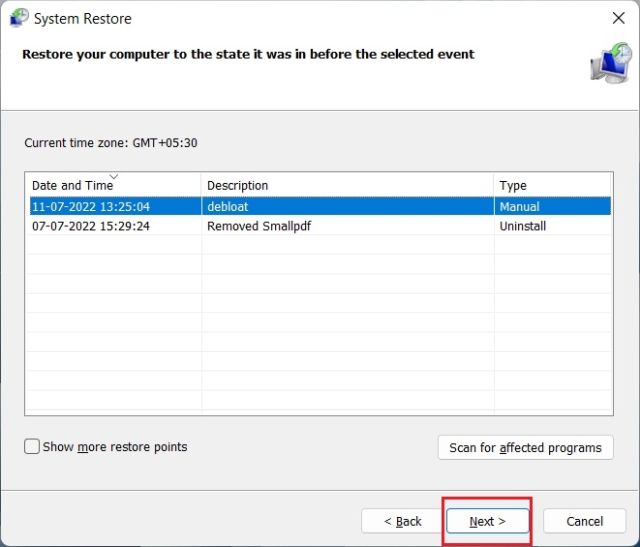 Viewing Different System Restore Points in Windows 10