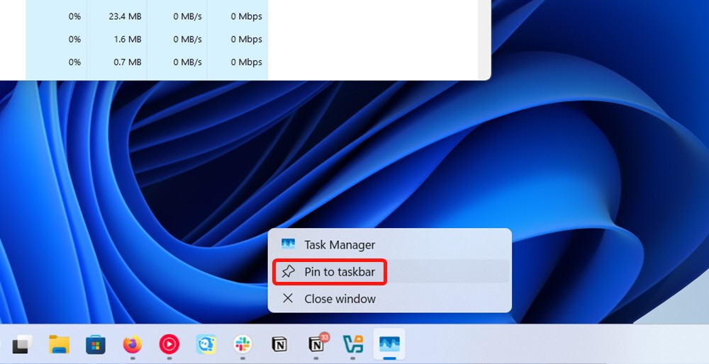 Pin Task manager to task bar