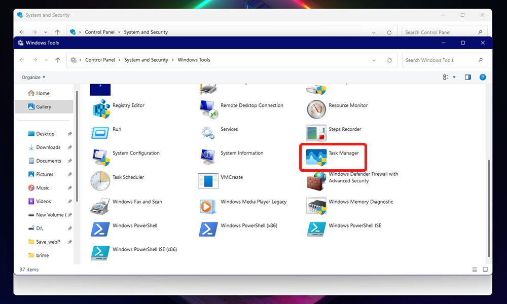 Task manager in Security and Settings Control panel