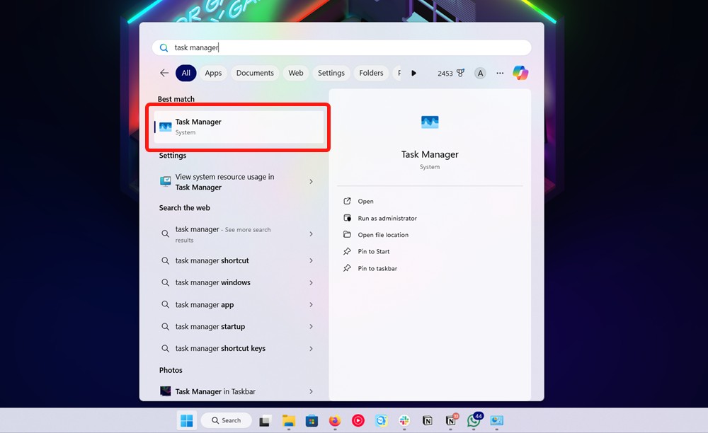 Task Manager in start menu