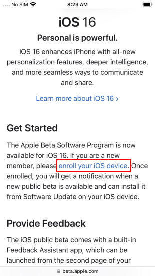 enroll ios 16 beta device
