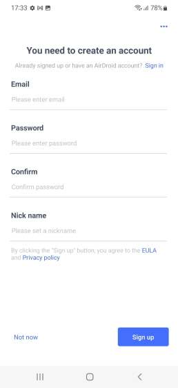 sign up page