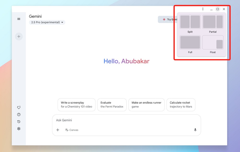 App window open on Chromebook with all split screen options