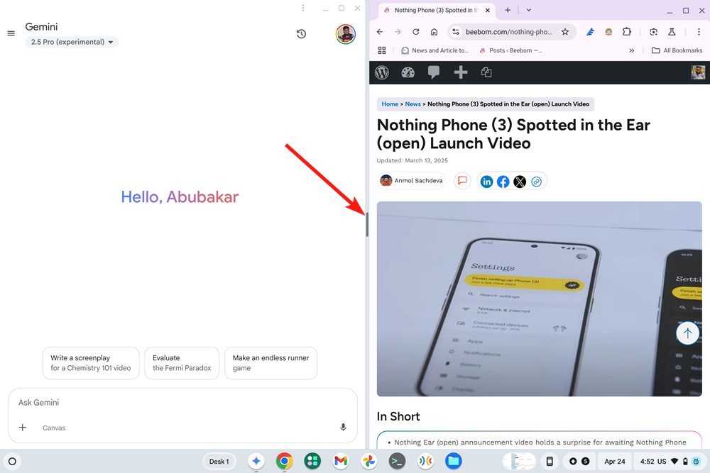 Drag and drop two windows to adjust the screen estate