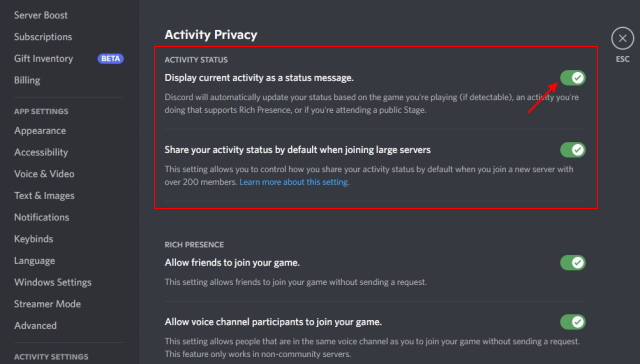 disable activity status