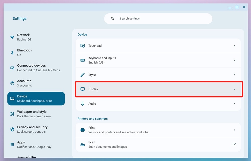 Chromebook settings with device section and display option highlighted