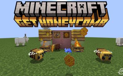 Full bee nests. bees buzzing and honeycomb items scattered around in Minecraft
