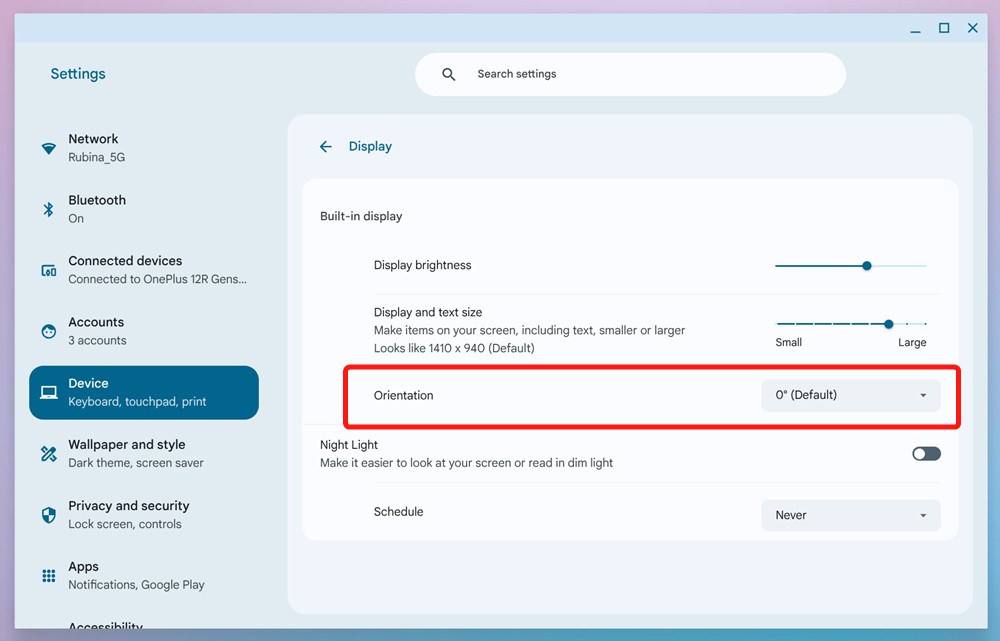 Orientation dropdown menu