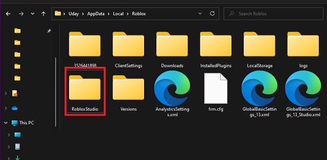 Roblox Studio folder in directory