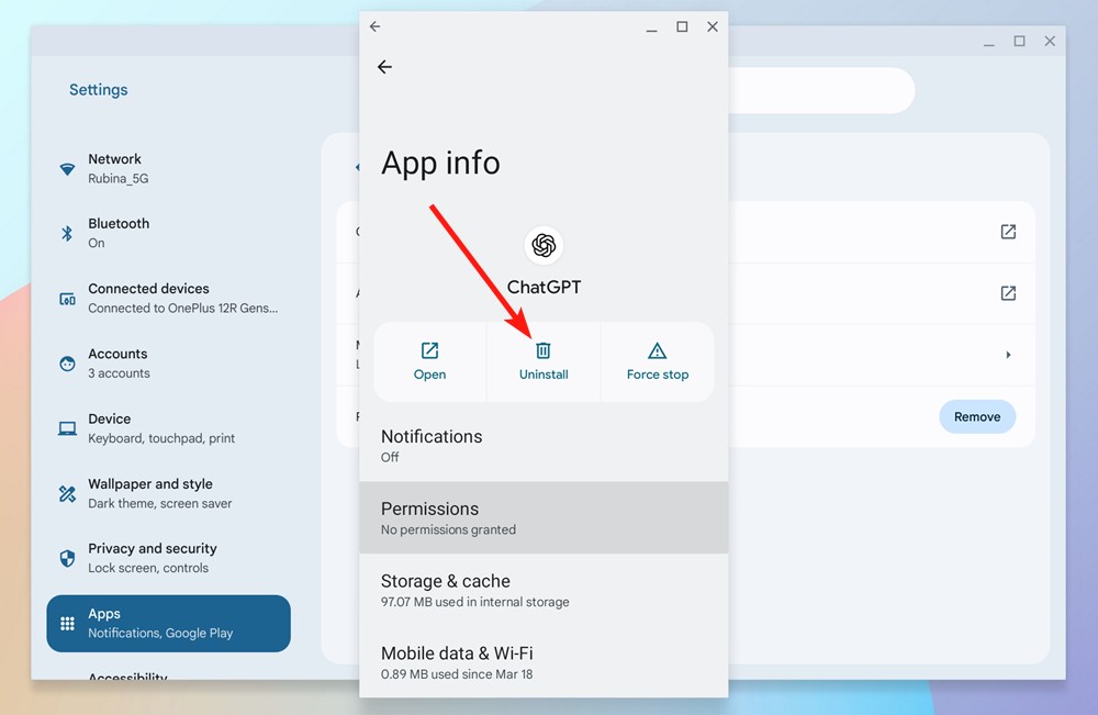 Uninstalling an app from Android Settings on ChromeOS